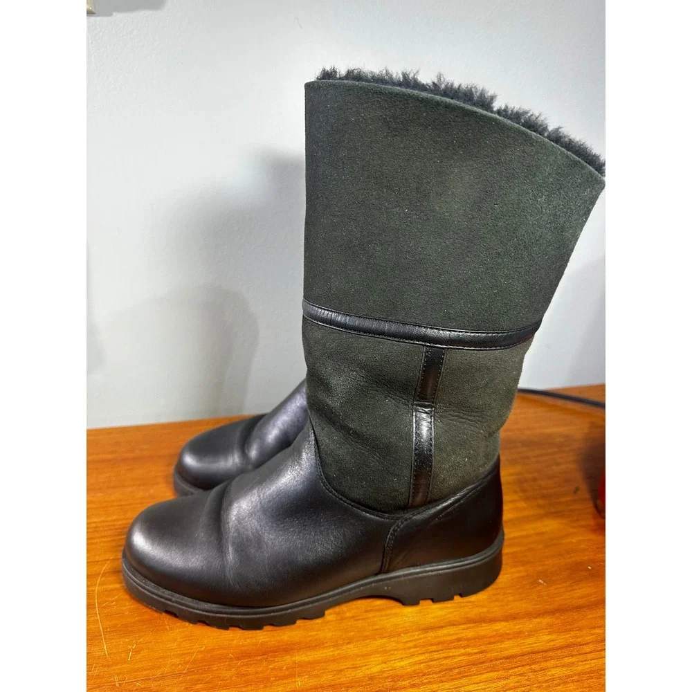 La Canadienne Black Leather Olive Suede Faux Fur Lined Boots Made in Canada 8M